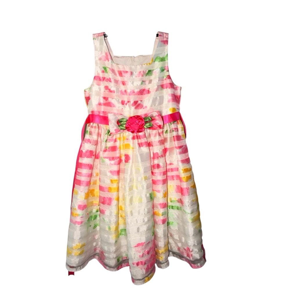 Jayne Copeland Vintage Striped Dress with Pink Floral Belt - 4